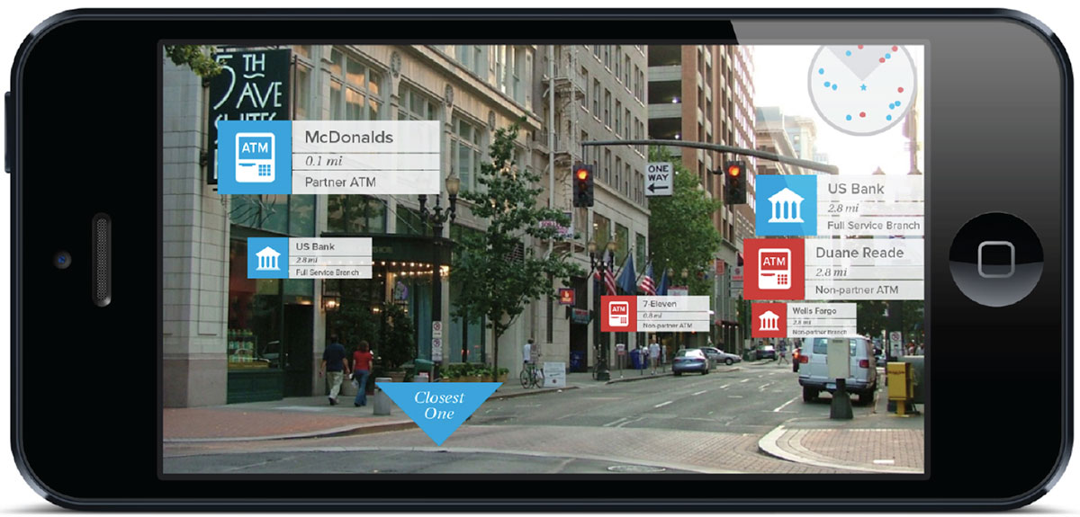 A smartphone screen displays nearby ATMs and banks, highlighting the closest McDonalds partner ATM 0.1 miles away.