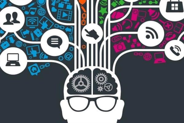 A brain with gears inside connected to icons representing technology, communication, and digital media.