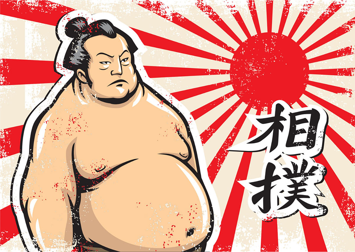 A sumo wrestler with a serious expression, illustrated against a red sunburst background with Japanese text.