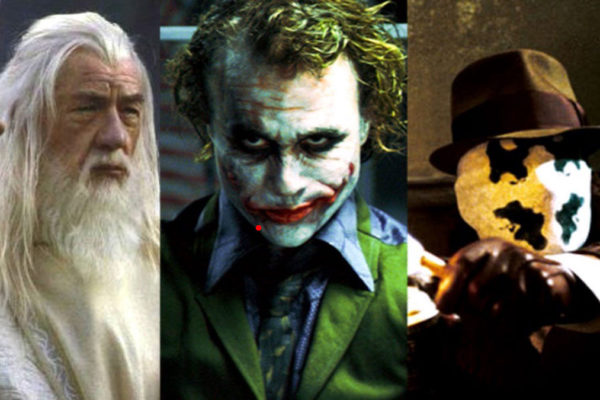 Three characters: a bearded wizard holding a staff, a Joker with green suit and makeup, and a fedora-wearing figure holding…
