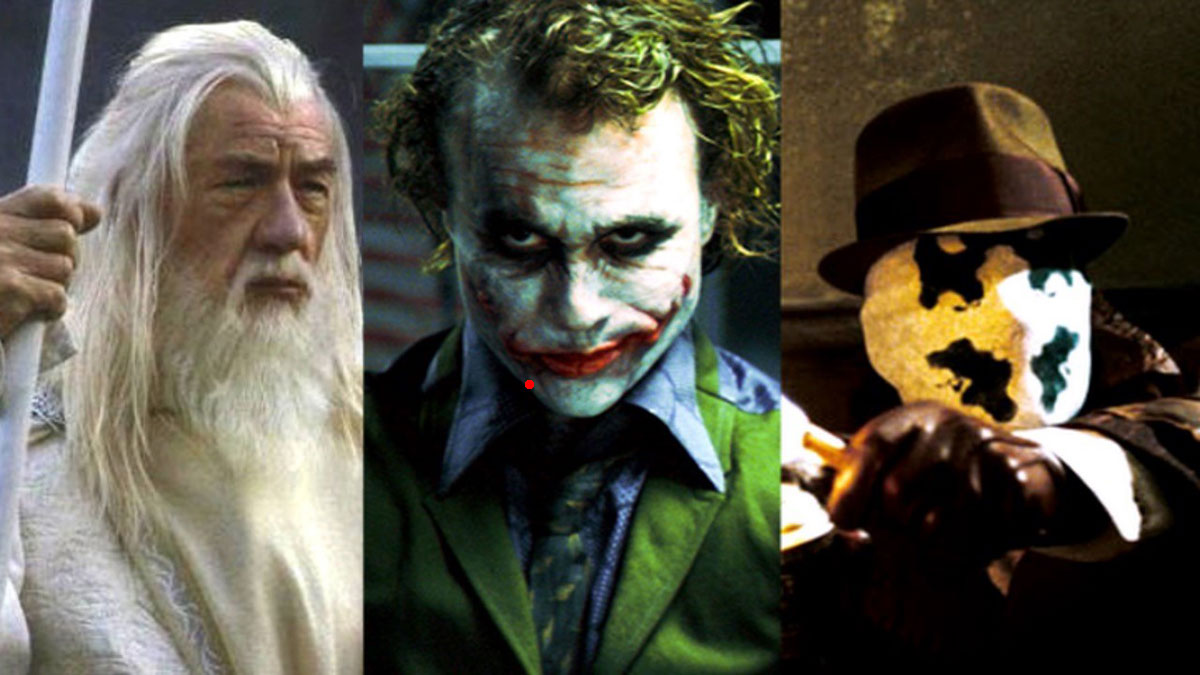 Three characters: a bearded wizard holding a staff, a Joker with green suit and makeup, and a fedora-wearing figure holding…