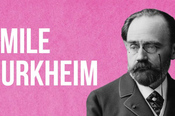 Black-and-white portrait of Émile Durkheim, a sociologist with glasses and a mustache, on pink background with his name disp…