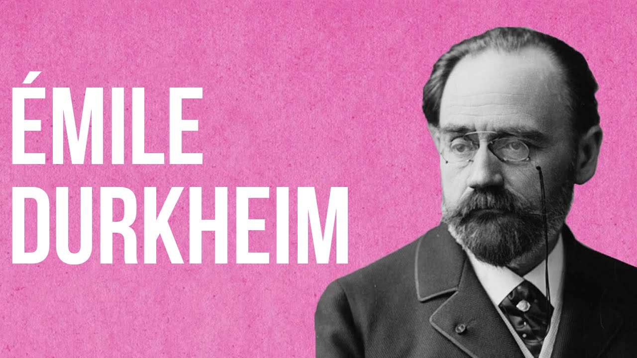 Black-and-white portrait of Émile Durkheim, a sociologist with glasses and a mustache, on pink background with his name disp…