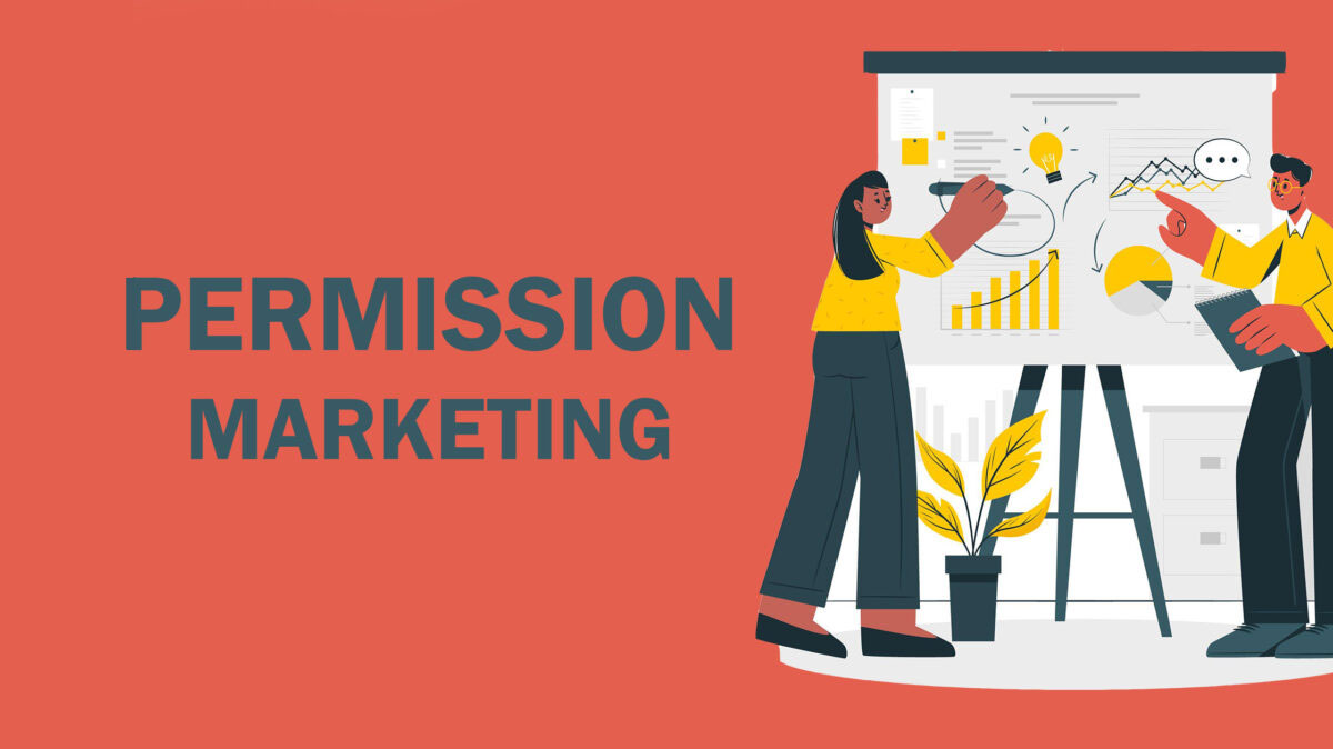 Illustration shows two professionals presenting permission marketing concepts with charts, graphs, and a lightbulb symbol on…