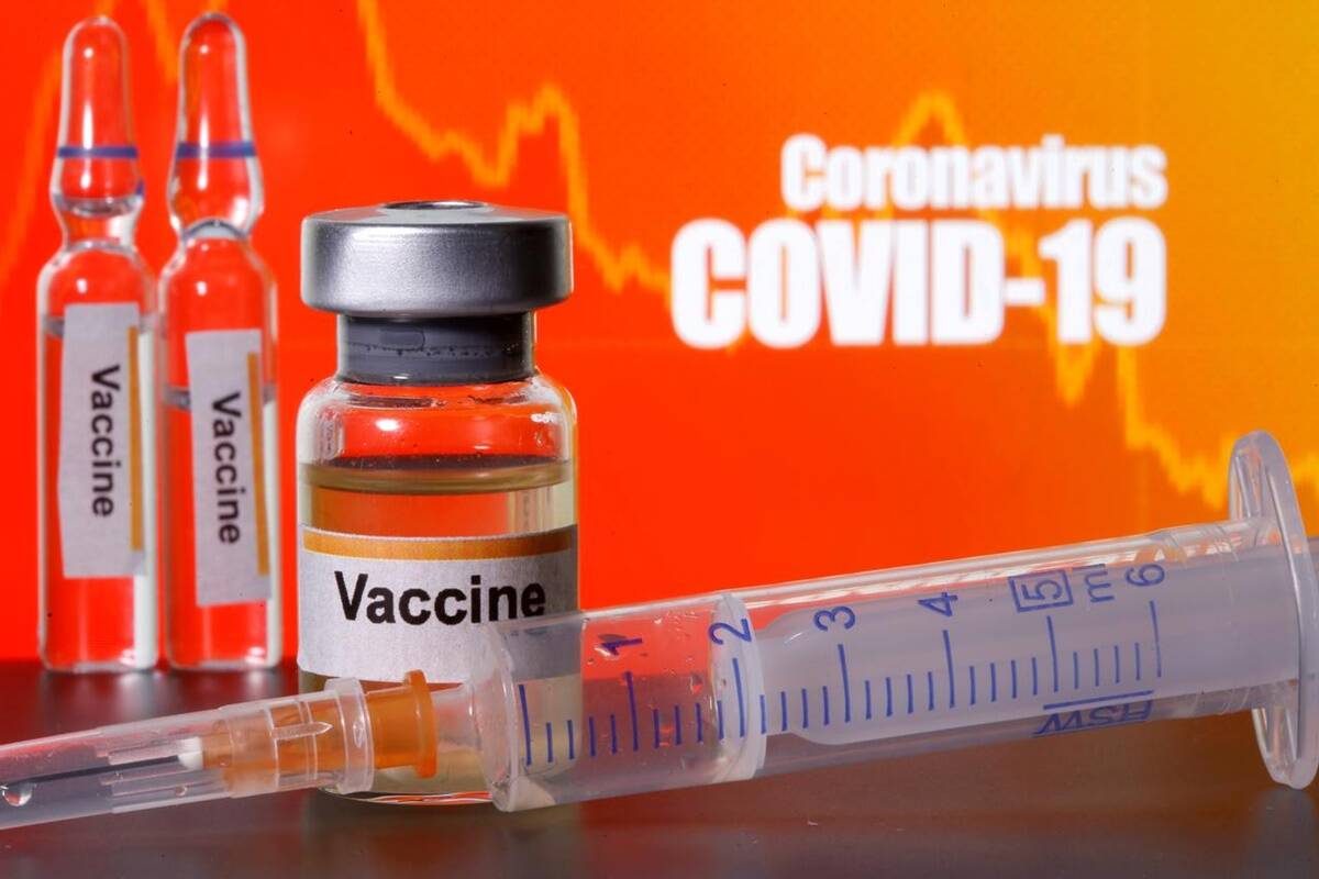 COVID-19 vaccine vials and syringe against an orange background with COVID-19 text.