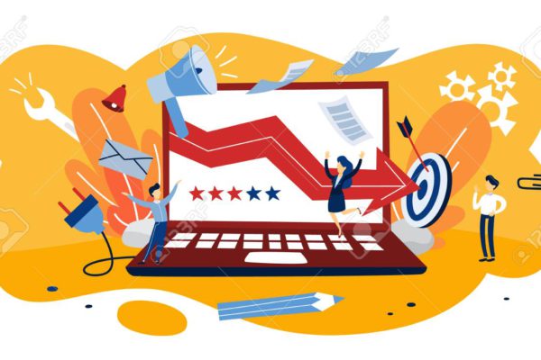 Illustration shows people celebrating a successful upward-trending graph on a laptop with stars and a target.