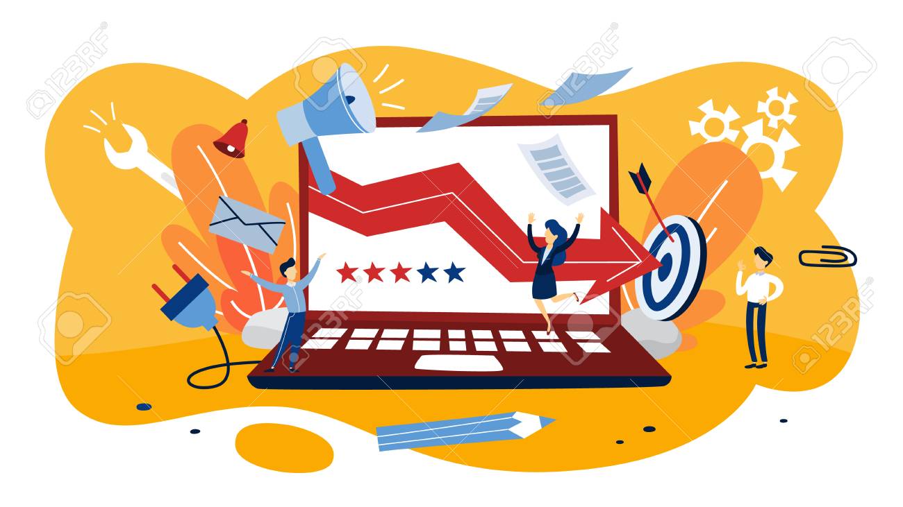 Illustration shows people celebrating a successful upward-trending graph on a laptop with stars and a target.