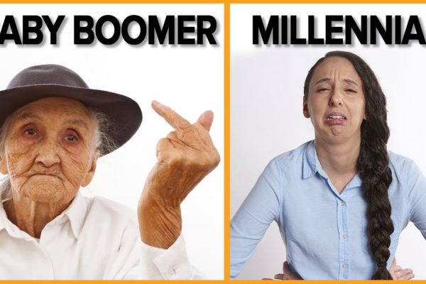 Two individuals, one elderly and one young adult, each making an exaggerated gesture of pointing and frustration labeled Bab…