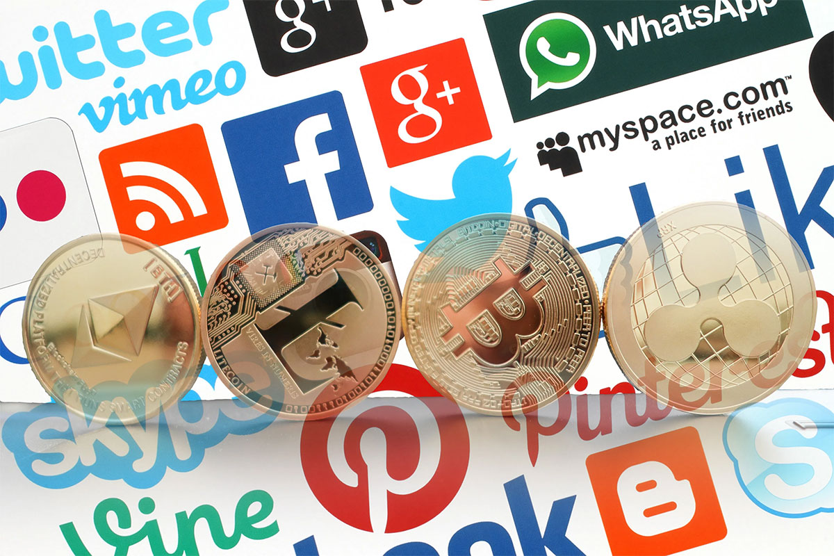 Four cryptocurrency coins placed over various social media and tech app logos.