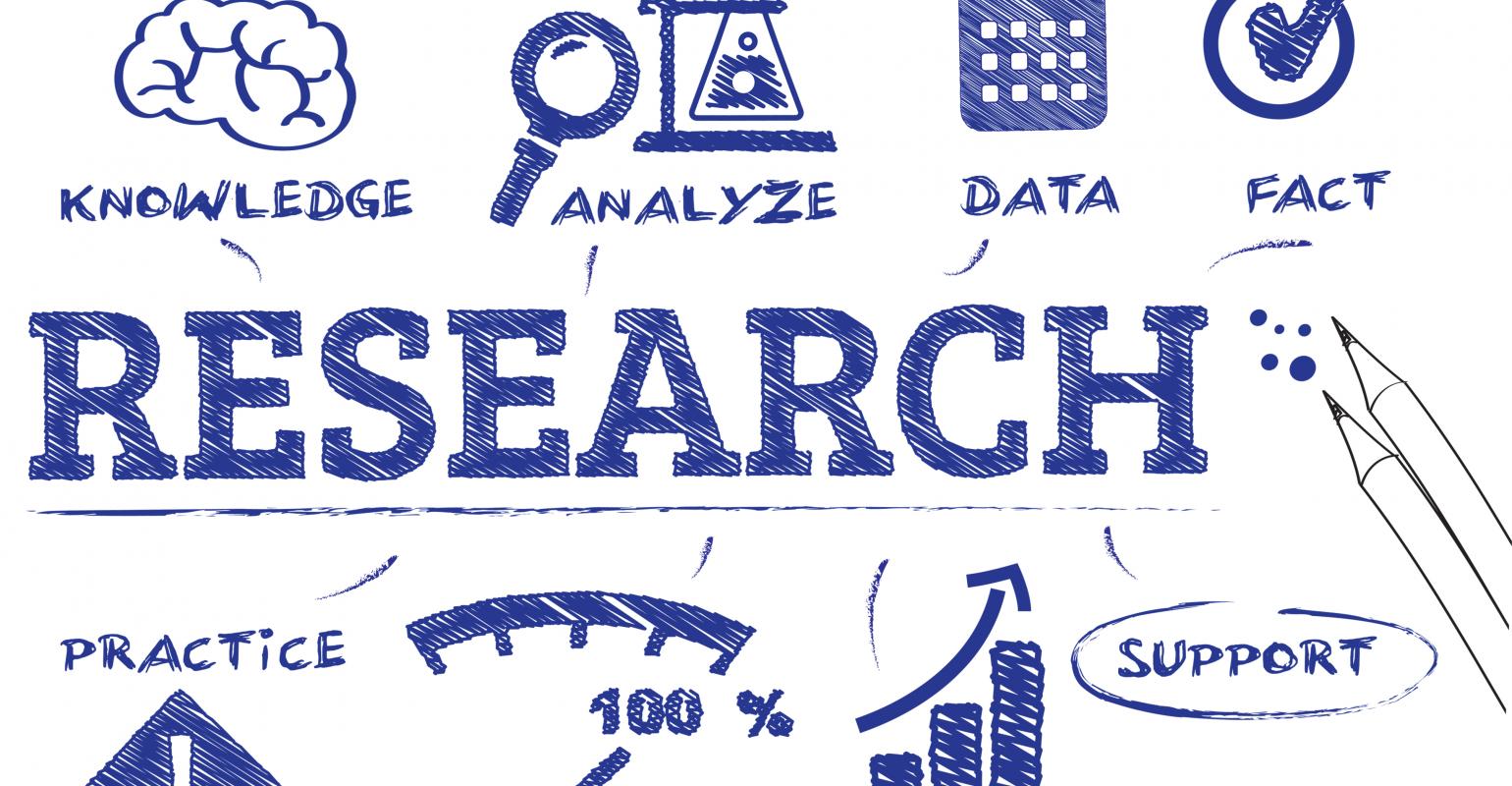 Hand-drawn blue research-themed graphic showing words like knowledge, analyze, data, fact, practice, support, and research w…