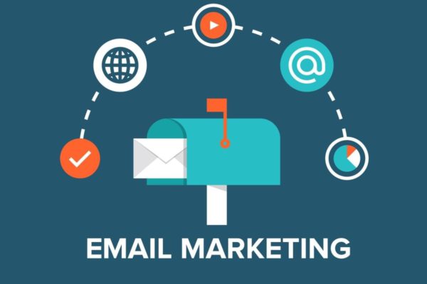 Illustration shows email marketing with icons for global reach, video, analytics, and email delivery.