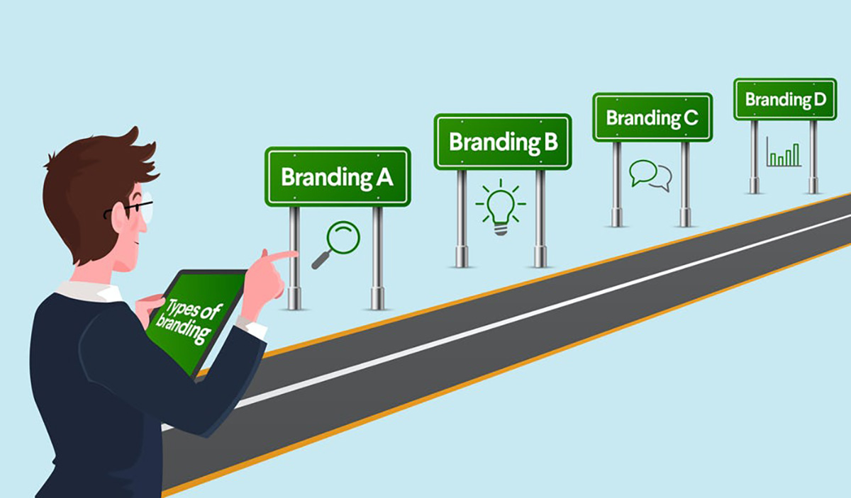 A man points at a tablet listing types of branding, showing four road signs labeled Branding A, B, C, and D with different i…