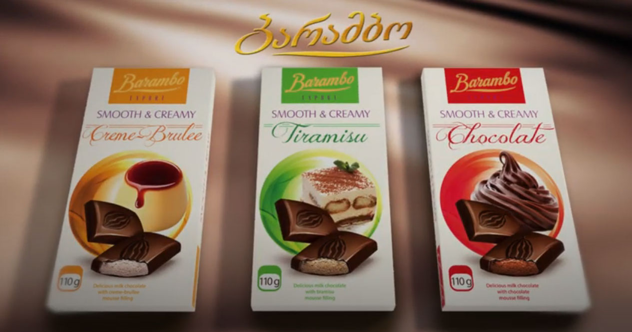 Three Barambo milk chocolate bars, 110g each, in flavors Crème Brûlée, Tiramisu, and Chocolate with creamy mouse filling.