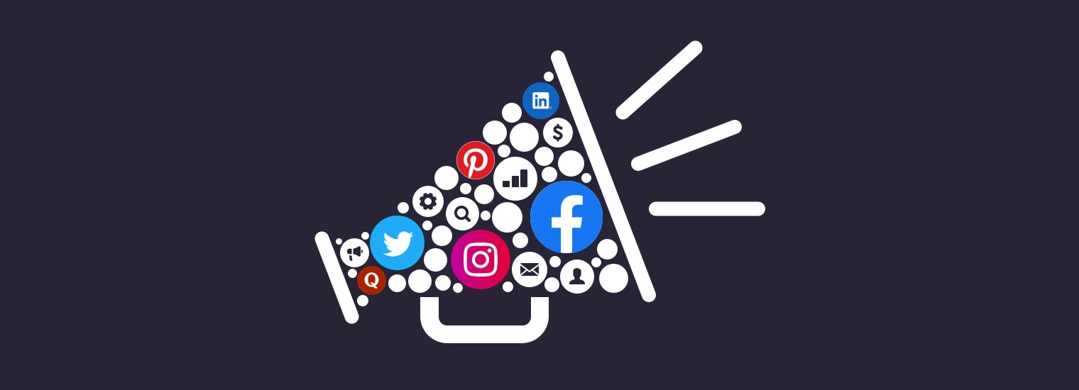 A megaphone filled with various social media icons symbolizing social media amplification and outreach.
