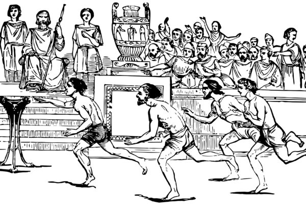 Ancient Greek theater scene depicts actors performing a play while spectators watch from stone seating and a judge holds a s…